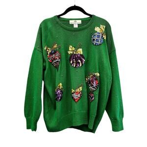 Vintage Brittany Leigh Green Multi Sequin Christmas Ornament Sweater Womens 2X
